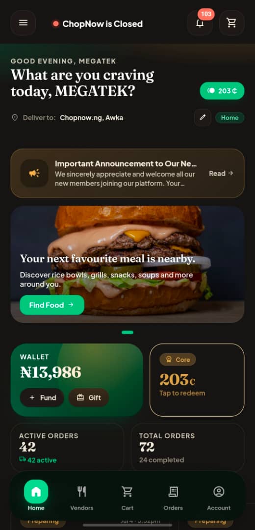 ChopNow app home screen
